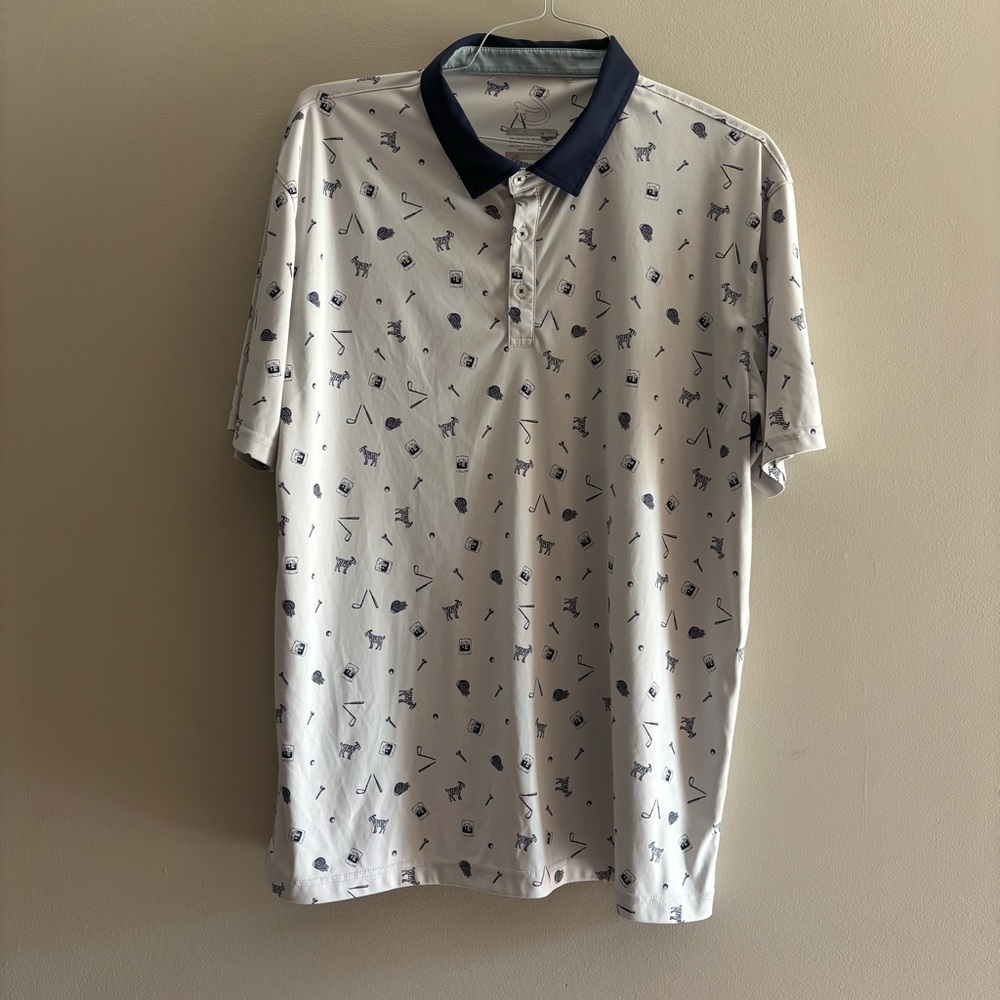 Men's White Polo with Navy Collar and GOAT Golf Print